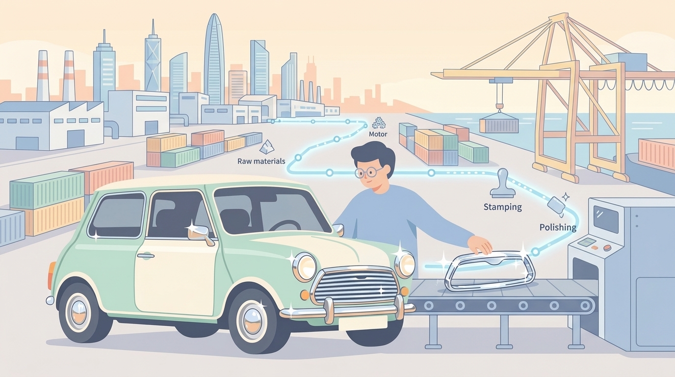 中国・深圳の工場とカーパーツの製造を表すイメージイラスト