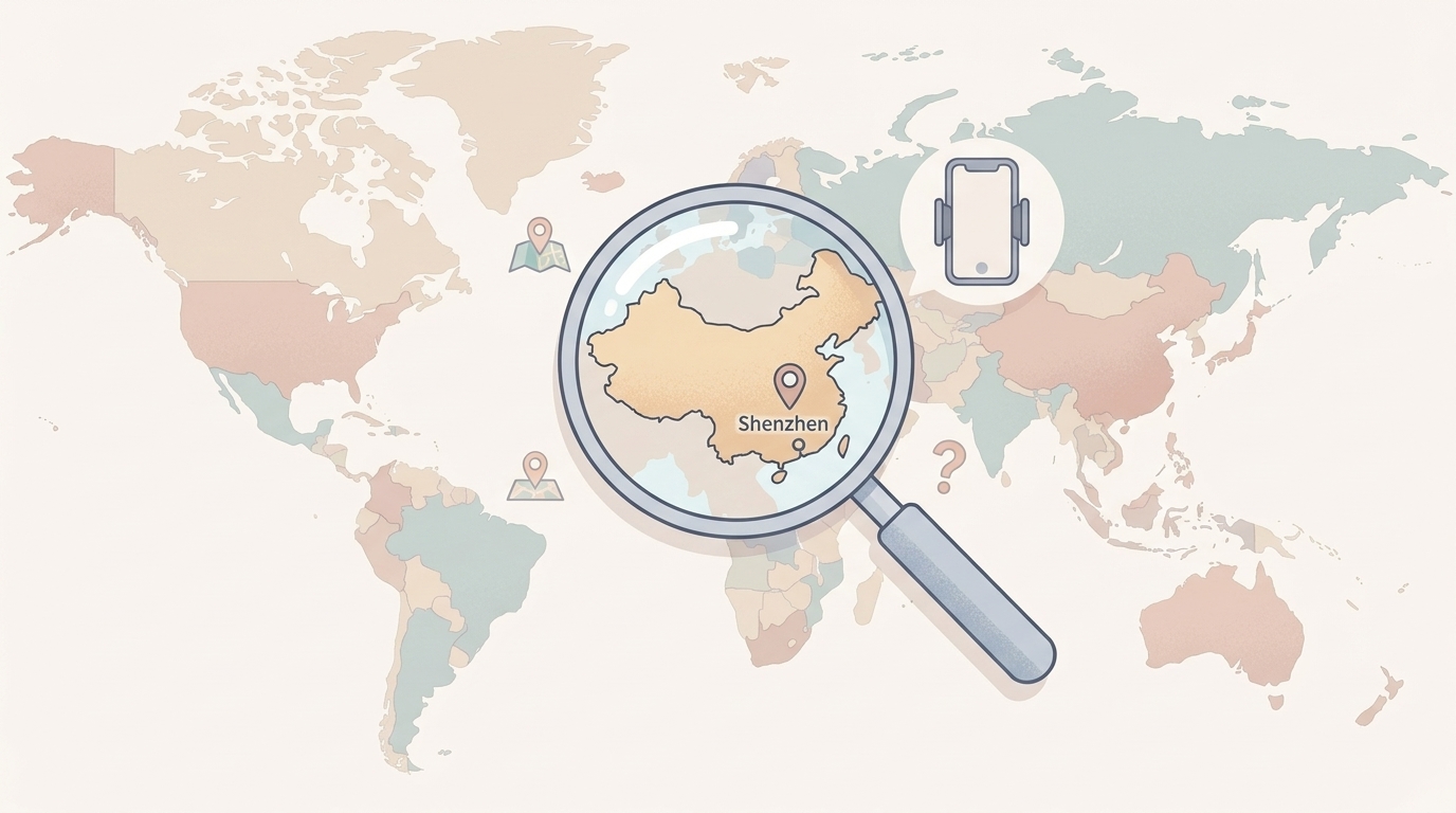 世界地図で中国・深センを虫眼鏡で調査するイラスト