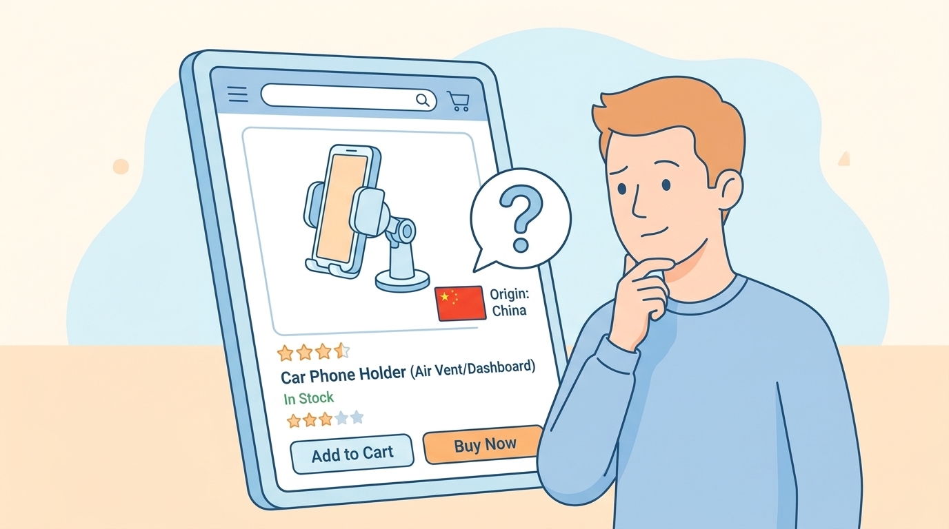 Amazonでスマホホルダーを調べる男性と中国製品を示すオンラインショッピング画面のイラスト