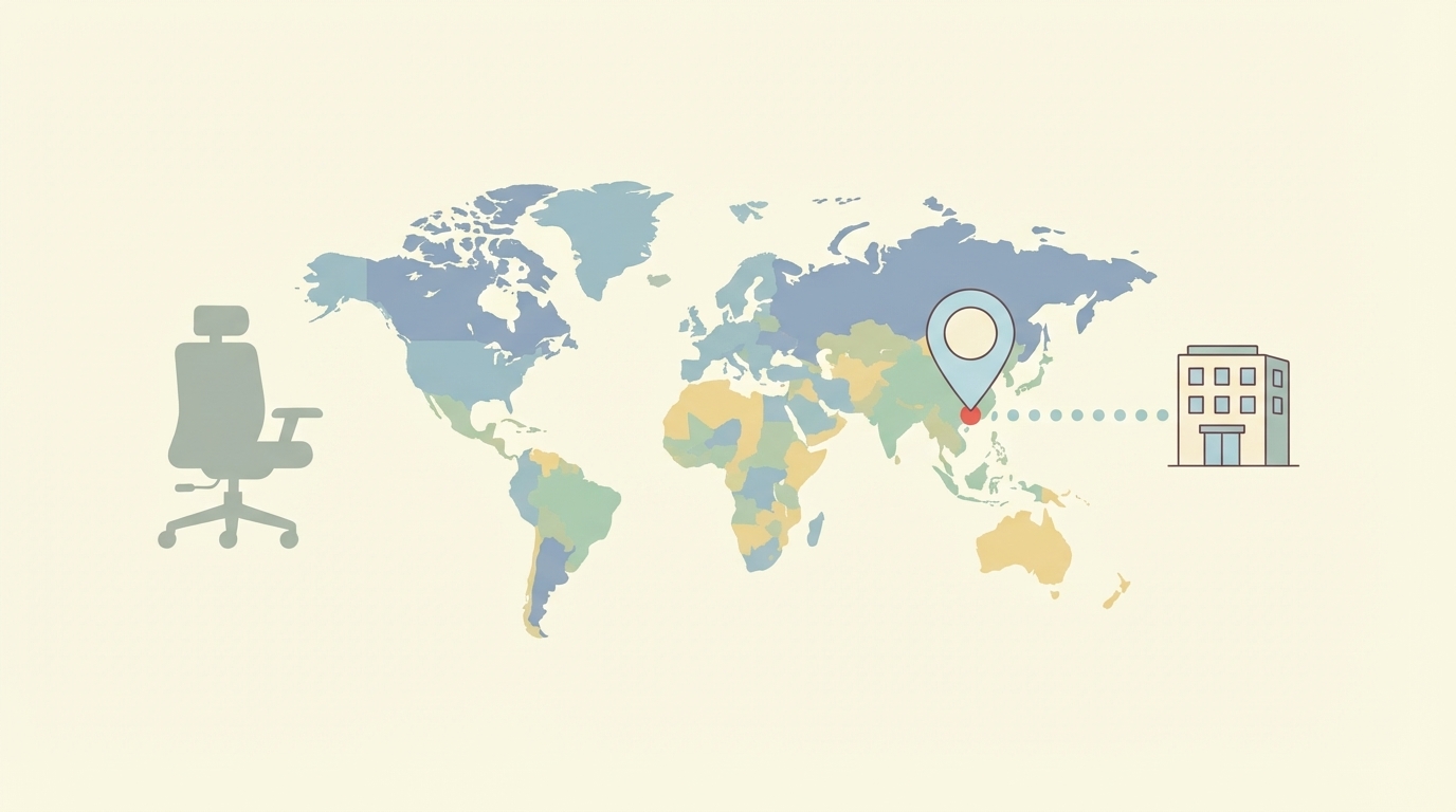 世界地図上の中国深圳にピンが刺さったブランド所在地のイラスト