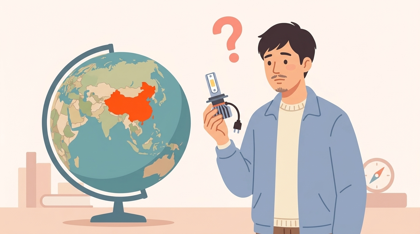 地球儀とLEDバルブを見る男性のフラットイラスト