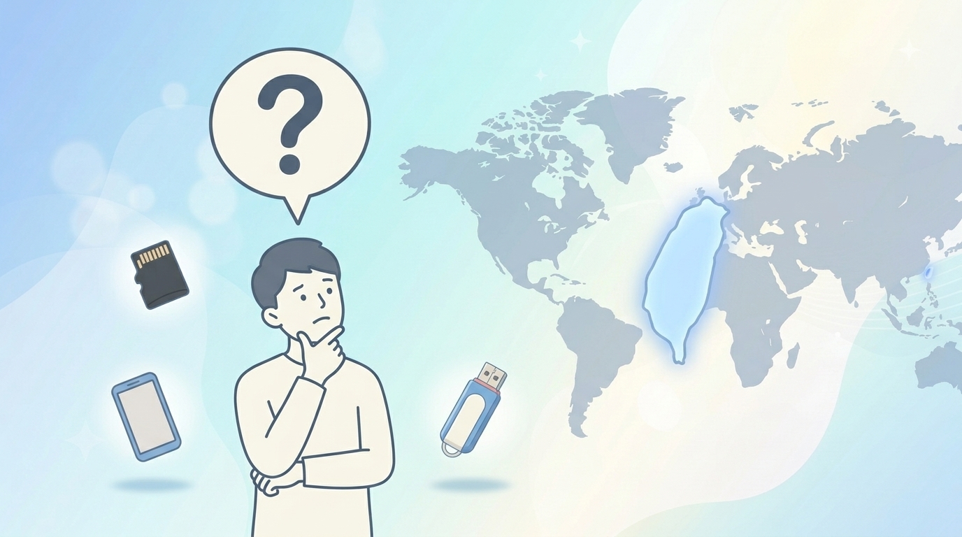 世界地図の台湾部分を指差す人物とSDカード・USBのイラスト