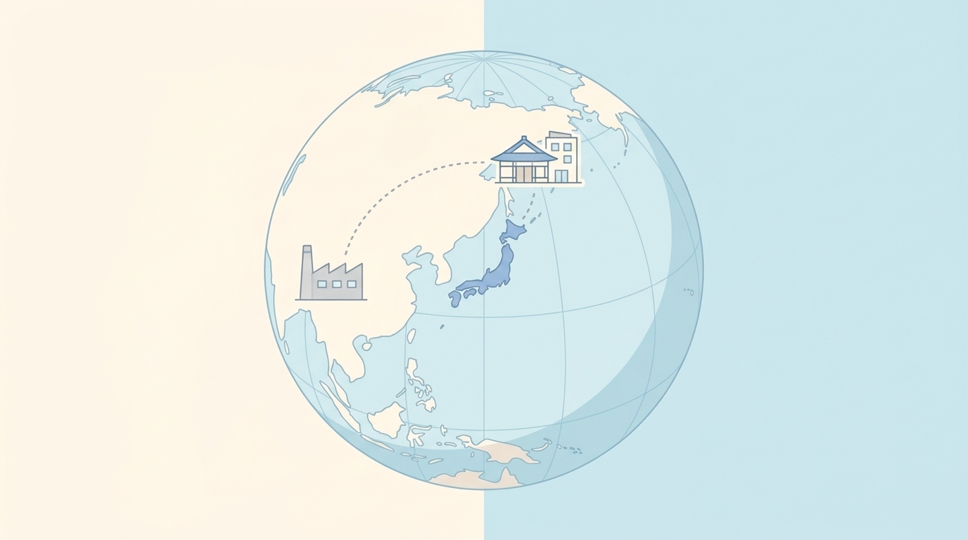 日本と中国を結ぶ地球儀・ブランド原産国のイラスト