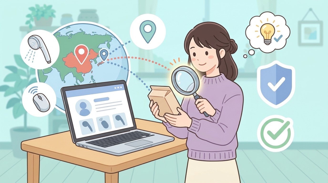 世界地図と中国への位置ピン、シャワーヘッドとマウスのアイコンが繋がるイラスト