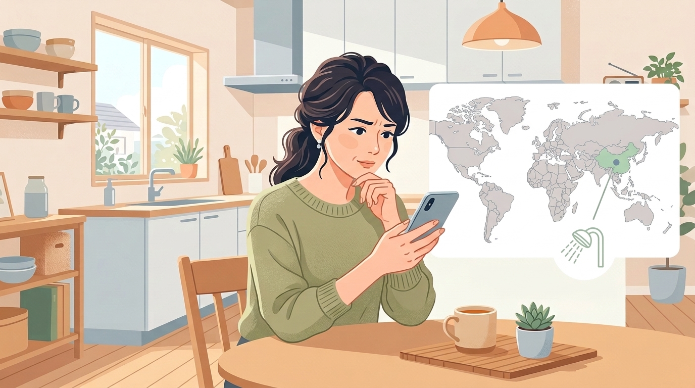 中国が強調された世界地図とシャワーヘッドアイコンのイラスト