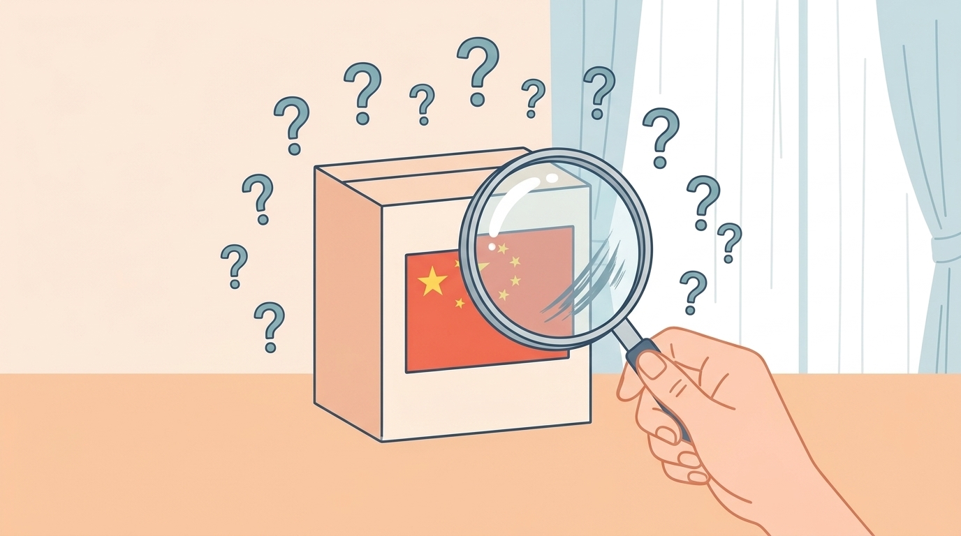 虫眼鏡で中国国旗マークの入った商品ボックスを調べるイラスト