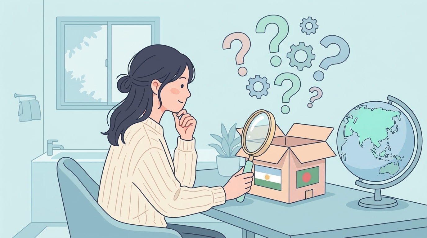 虫眼鏡で商品の国籍を調べる女性とアジアの地球儀のイラスト