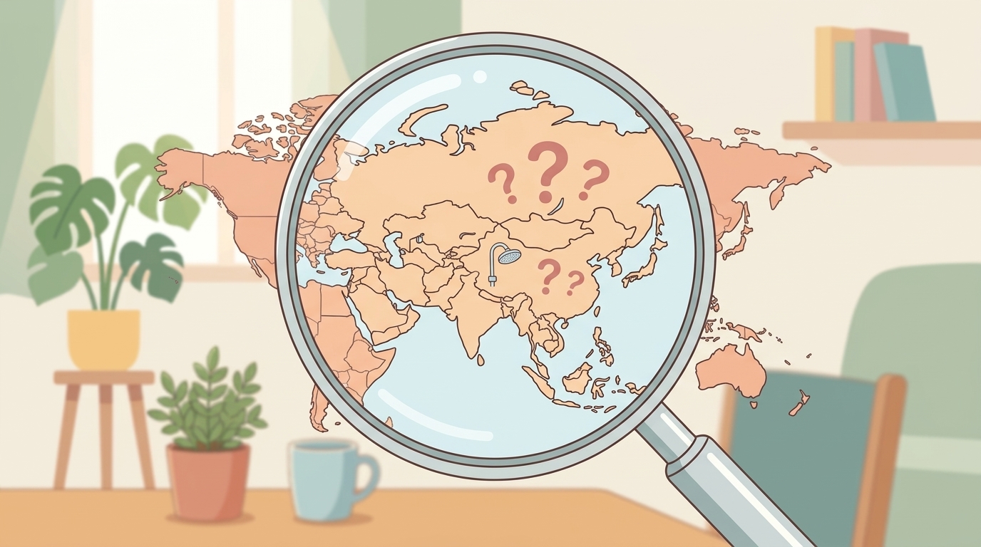 虫眼鏡でアジア地図を調べるイラスト。シャワーヘッドと疑問符付き