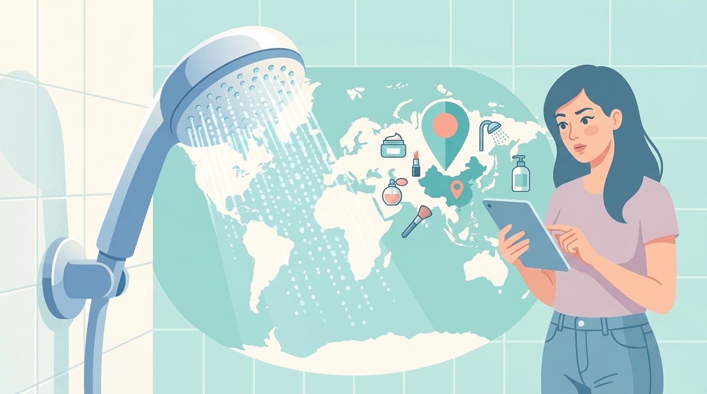 世界地図と中国を示すピンとシャワーヘッドを調べる女性のイラスト