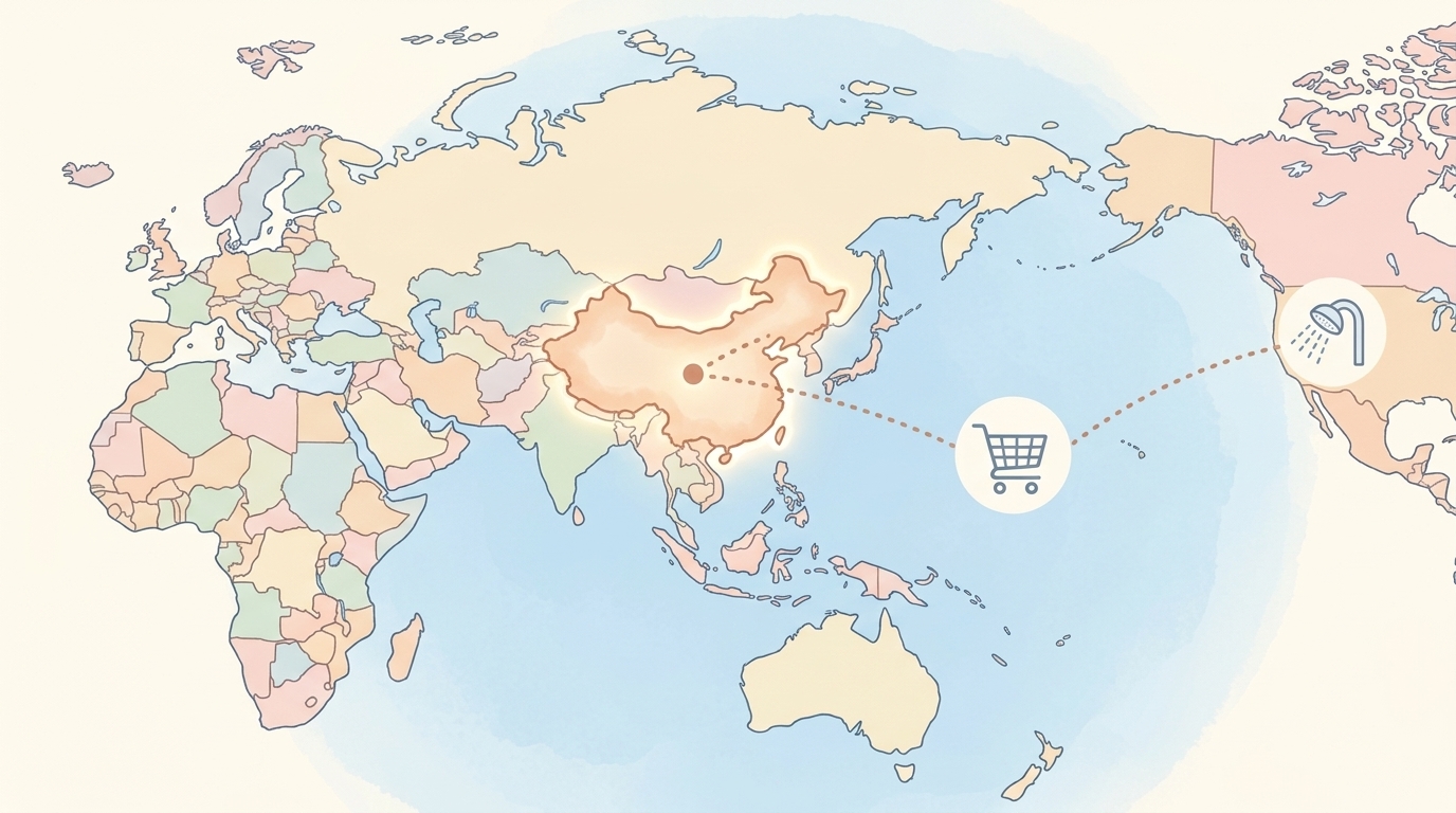 中国からショッピングカートとシャワーヘッドへ繋がる世界地図のイラスト