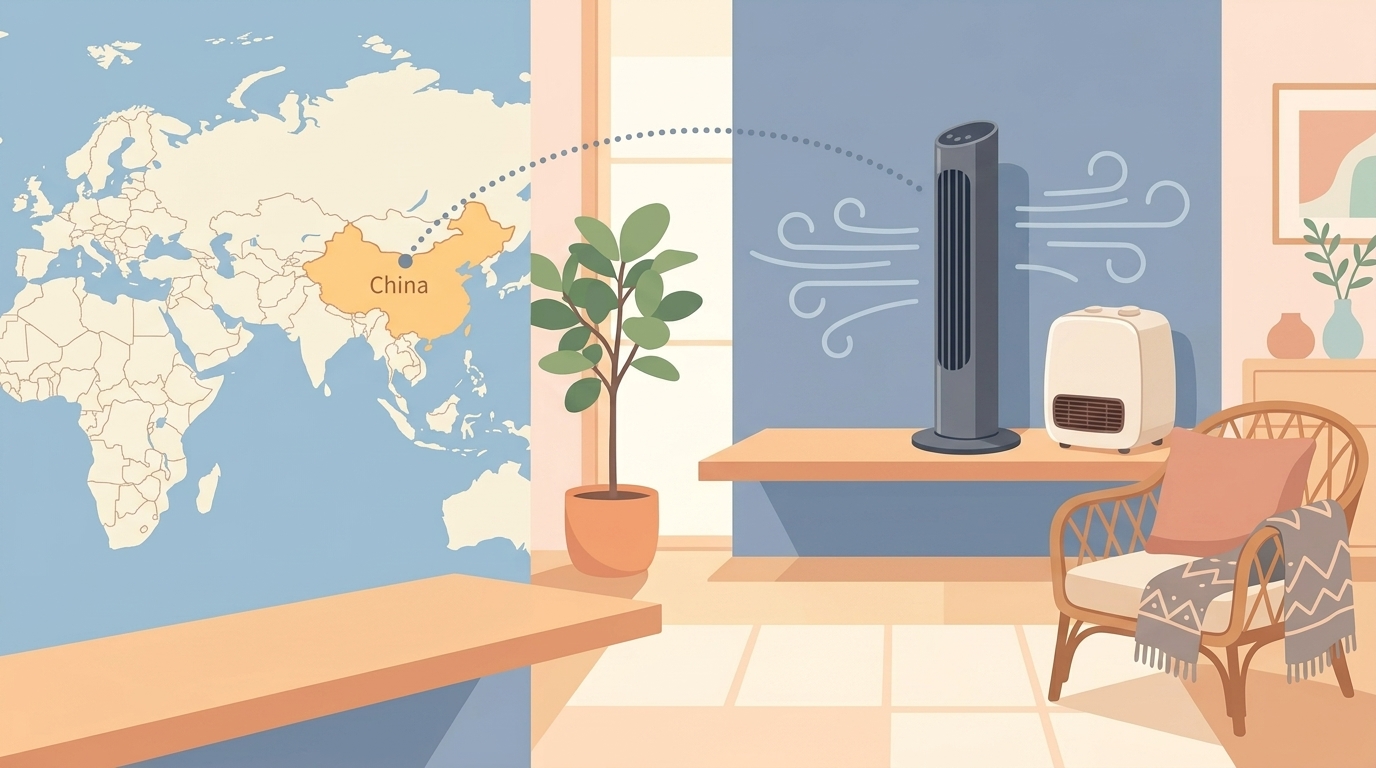 中国から日本へ繋がる世界地図とタワーファンのイラスト