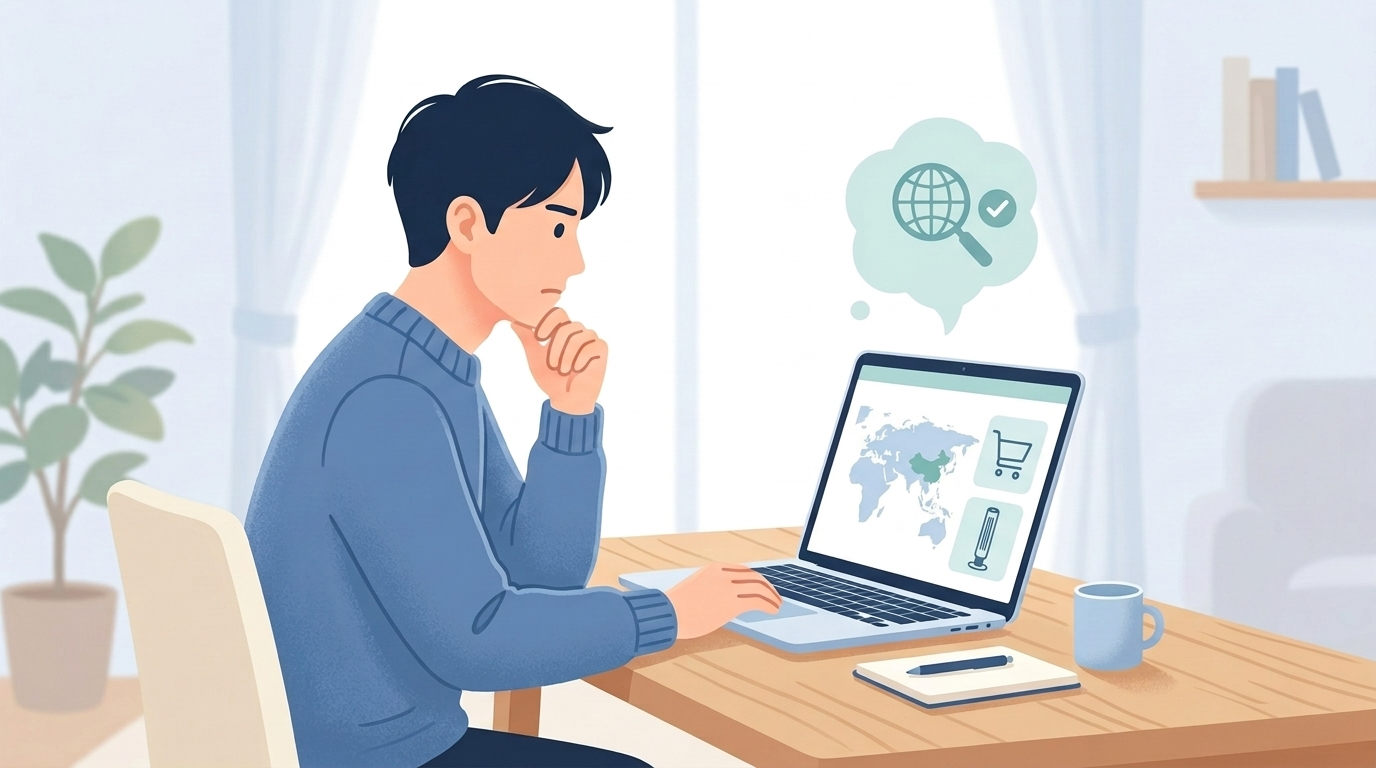 世界地図とショッピングカートでブランドの国籍を調べているイラスト