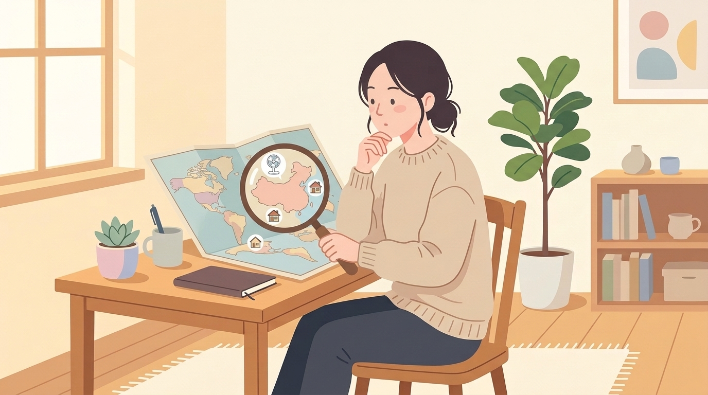 中国が強調された世界地図をルーペで調べる女性のイラスト