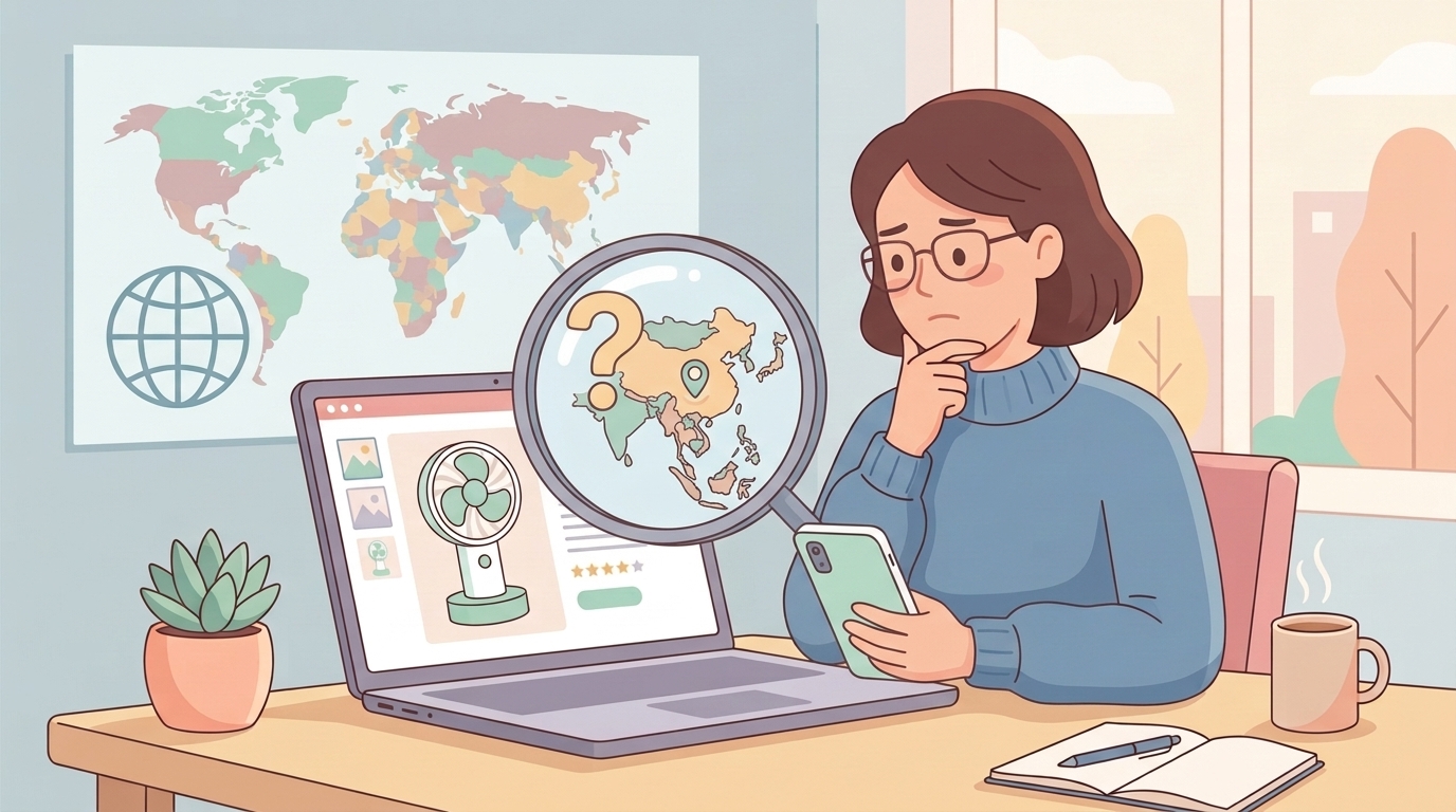 アジア地図とルーペで扇風機ブランドの国籍を調べる人のイラスト