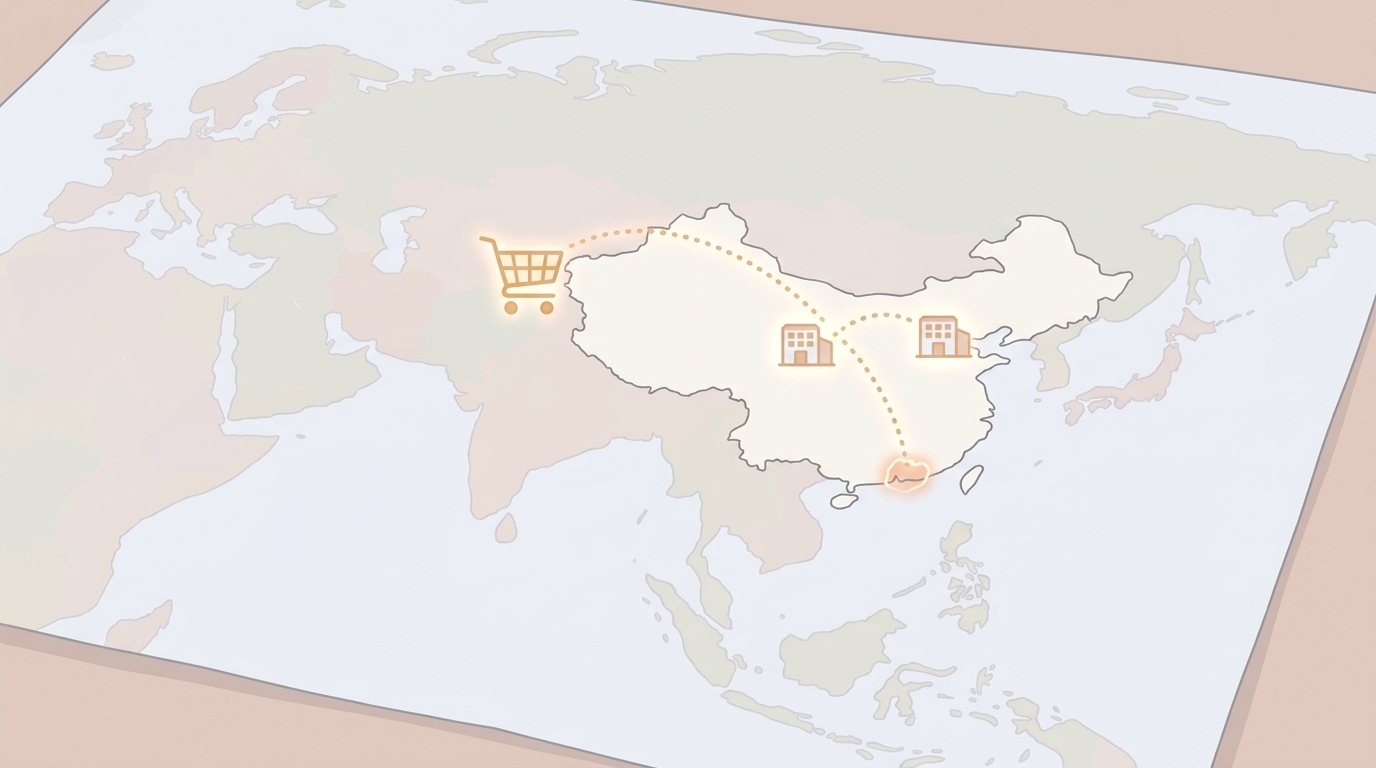 香港と中国を結ぶ点線とショッピングカートアイコンが描かれた世界地図のイラスト
