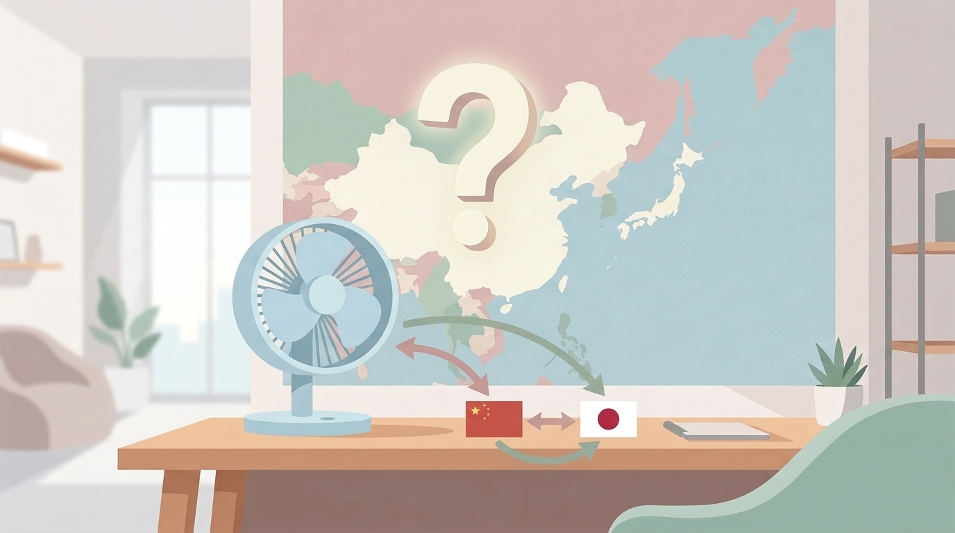 中国と日本の国旗とサーキュレーターのブランド出所を示すイラスト