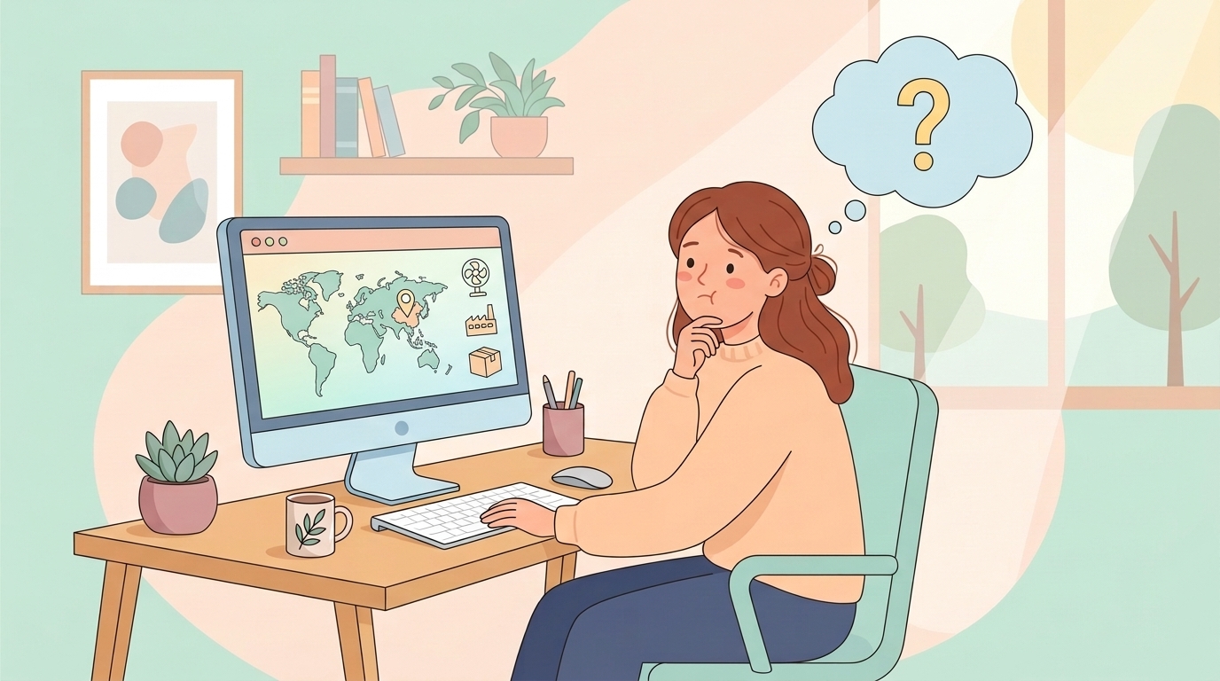 世界地図と中国の位置ピン、卓上扇風機と会社アイコンのイラスト