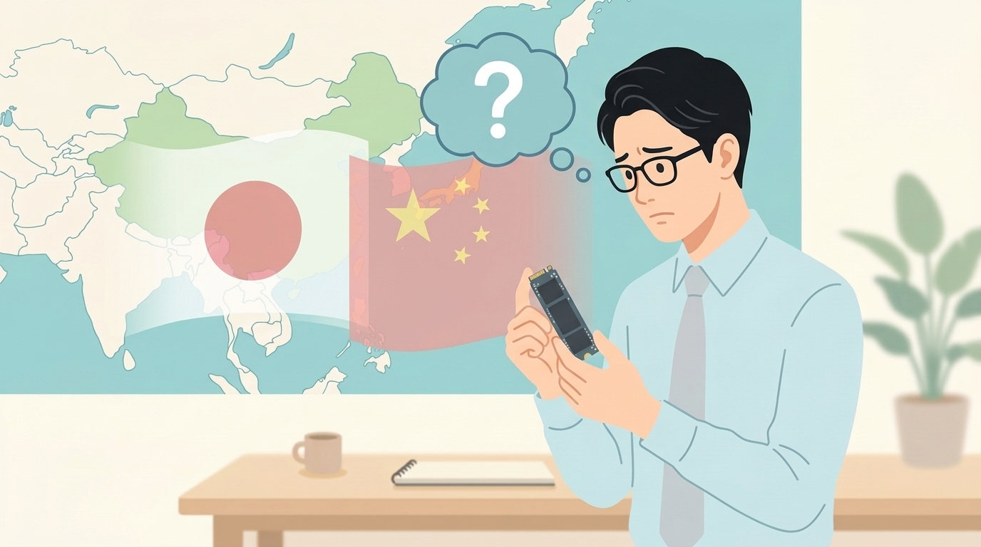SSDを手に国籍に疑問を持つ男性と日中の旗のイラスト