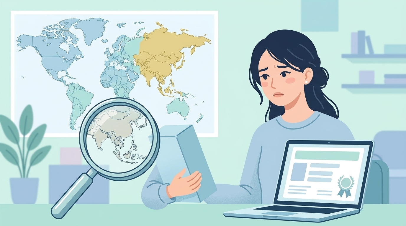 世界地図とアジアを拡大する虫眼鏡でブランドの出所を調べる女性のイラスト