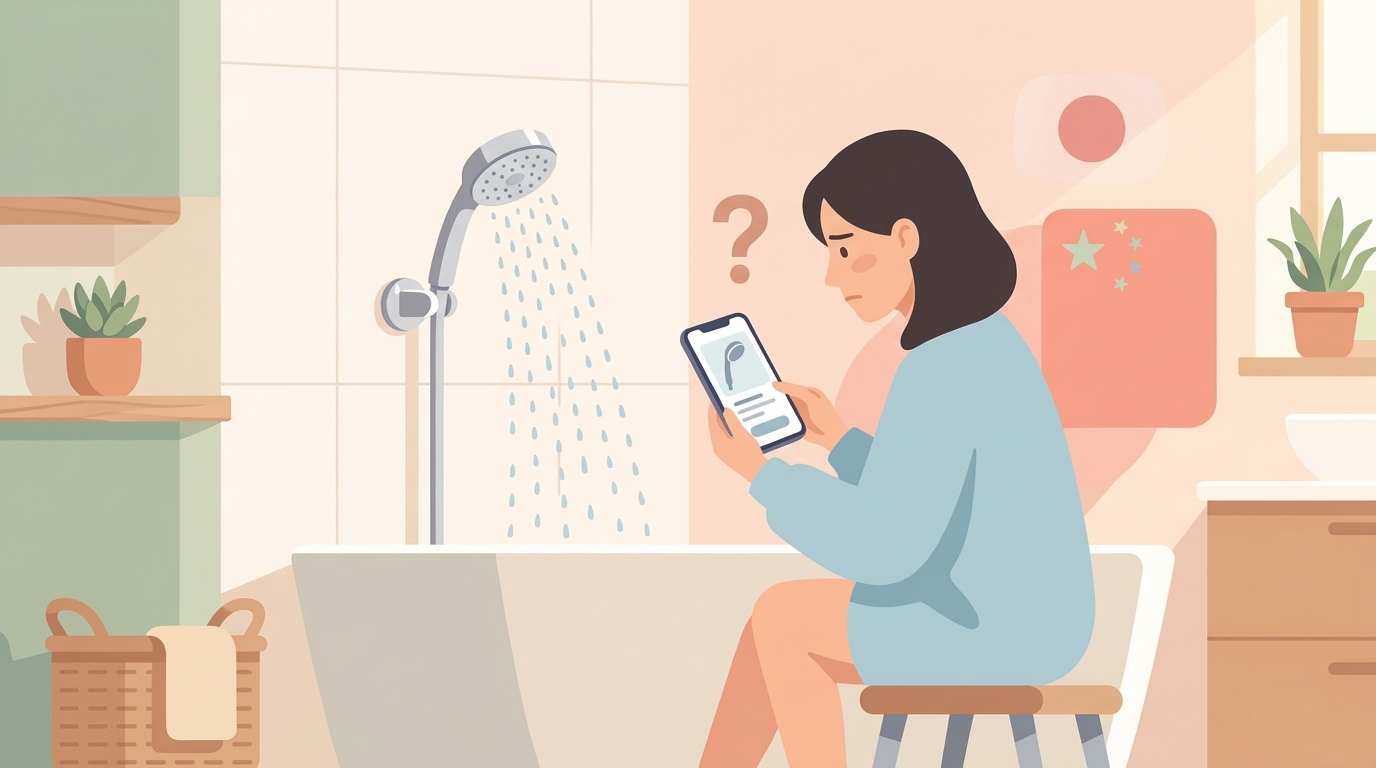 スマホでシャワーヘッドブランドの出身国を調べる女性のイラスト