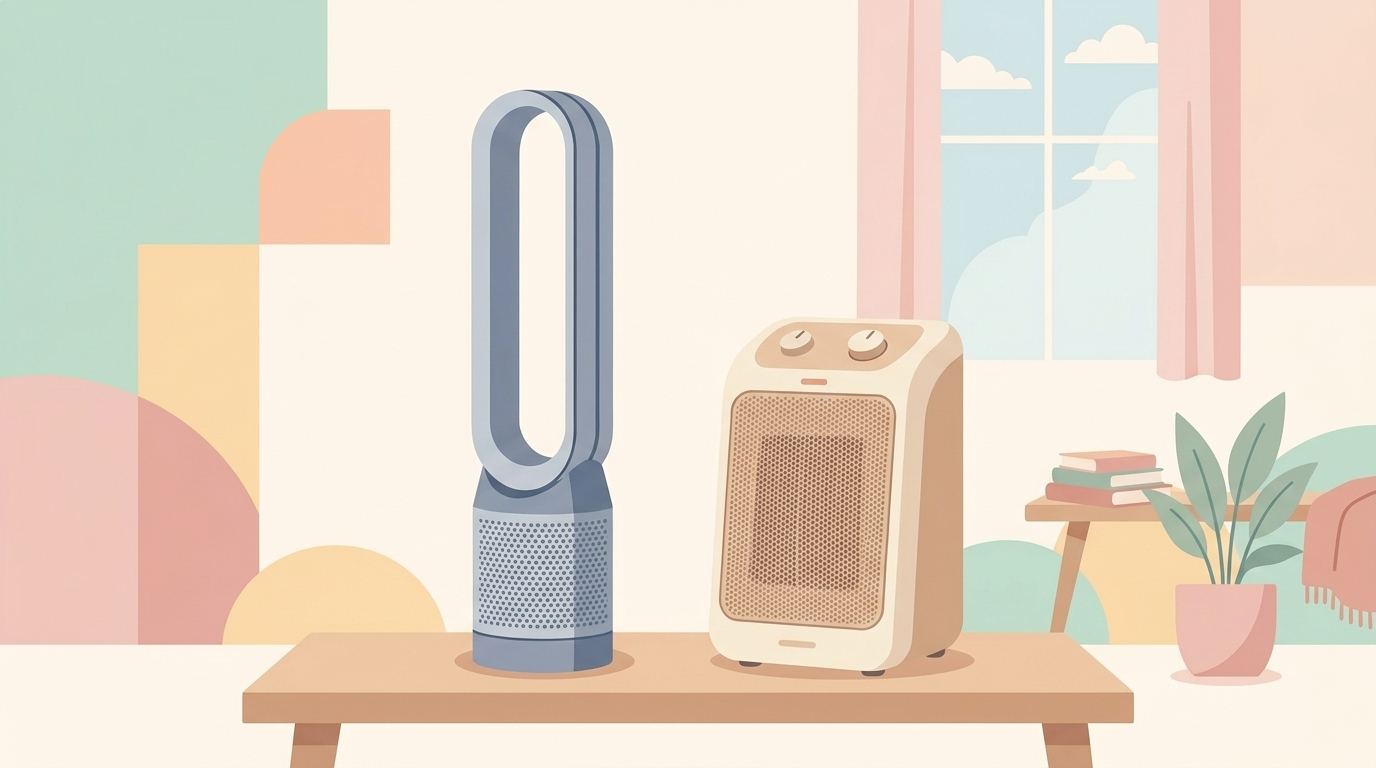 タワーファンとセラミックヒーターが並ぶ部屋のイラスト