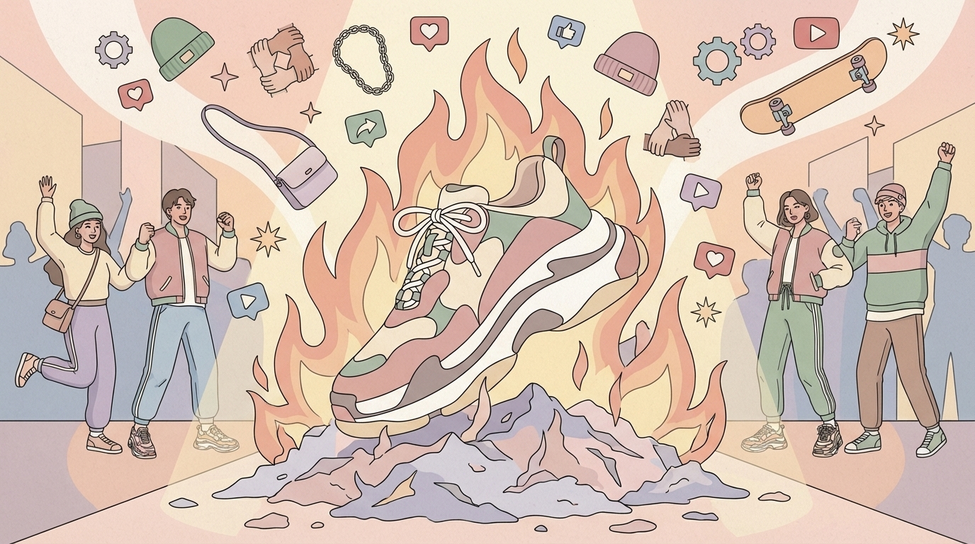 レトロスニーカーの復活とSNSでの盛り上がりを表すイラスト