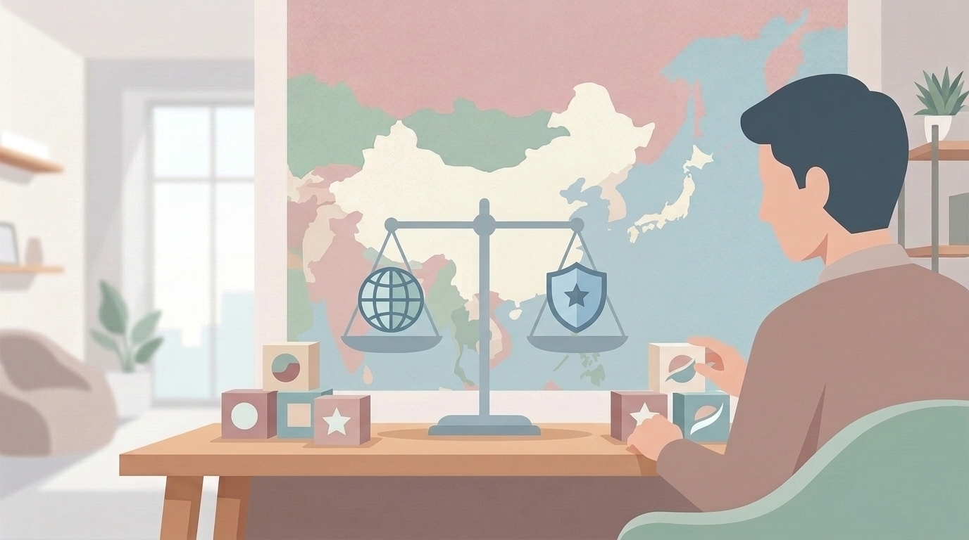 天秤でグローバルブランドの信頼性を判断するスケールのイラスト