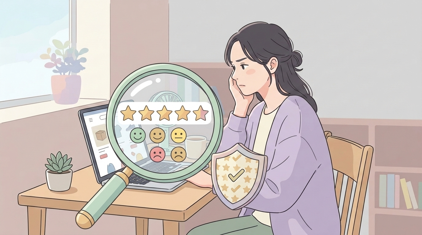 レビューの星評価をルーペで調べる女性と信頼性を示すシールドアイコンのイラスト