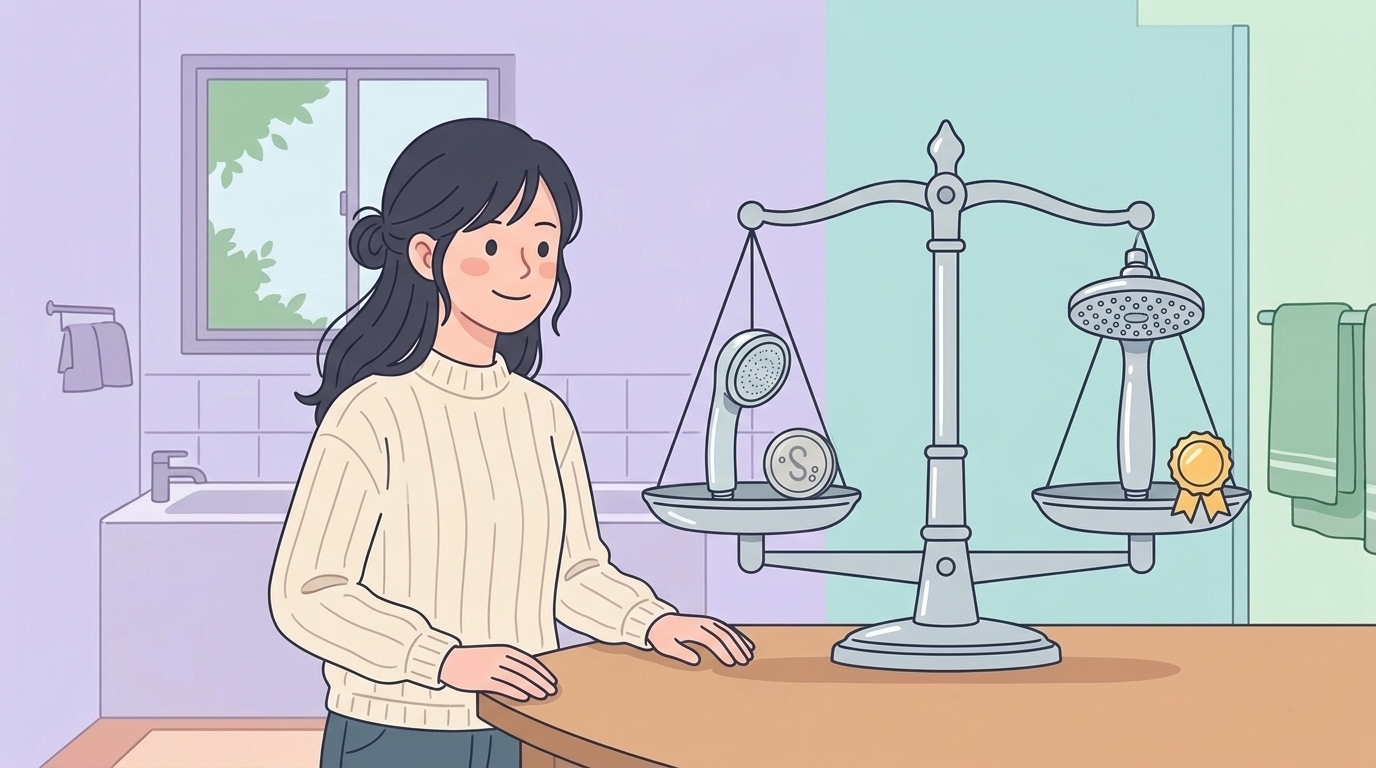 天秤でシャワーヘッドの価格と品質を比較する女性のイラスト