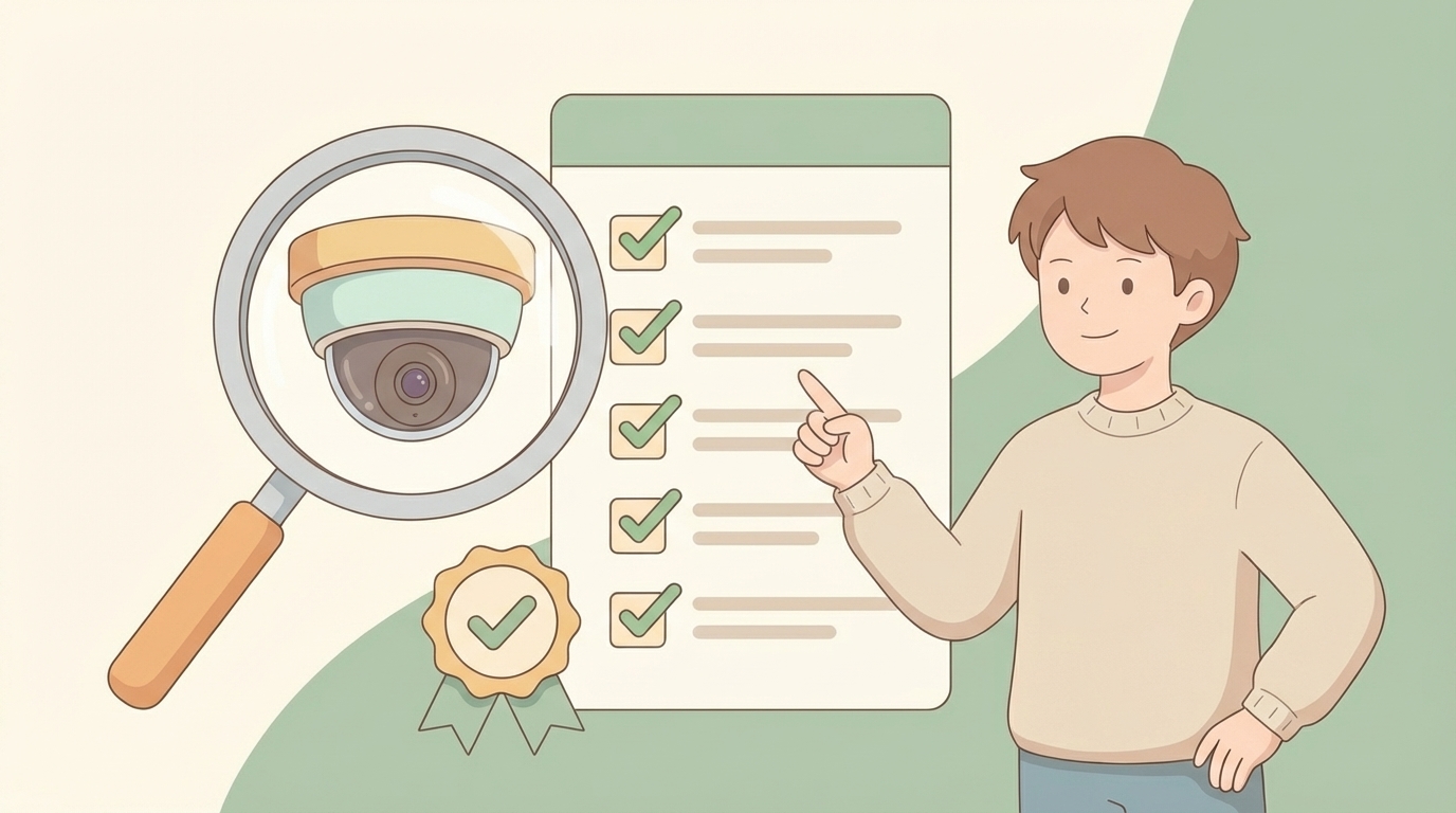 チェックリストと拡大鏡で製品を確認する人物のフラットイラスト