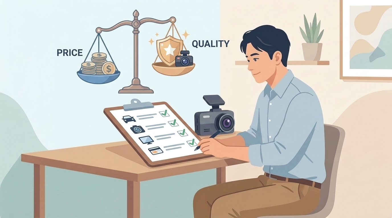 価格と品質を天秤にかけて購入判断するイラスト