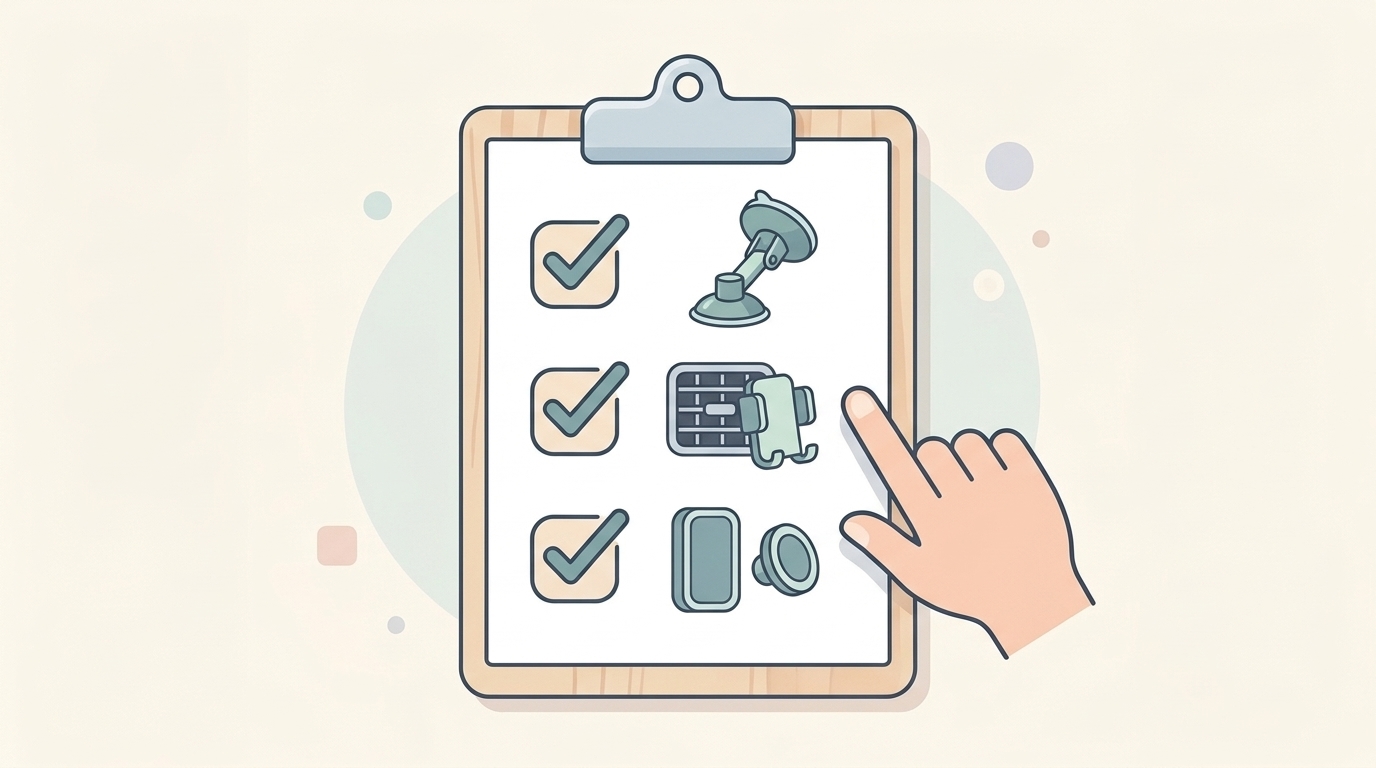 3種類の車載ホルダーを比較するチェックリストのイラスト