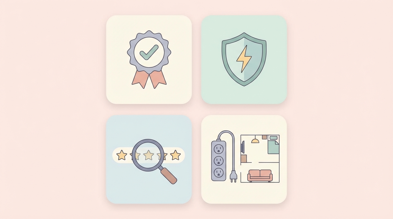 安全な電源タップ選びの4つの基準を表すイラスト