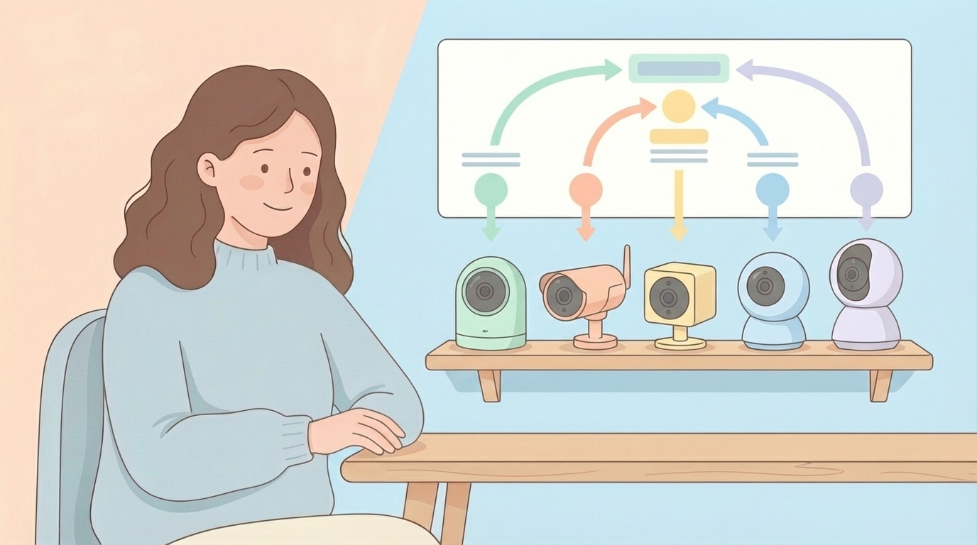 5種類の見守りカメラを比較する女性
