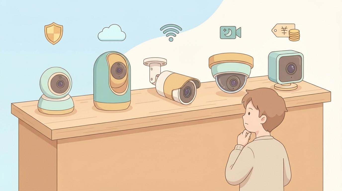 5台のカメラを比較する人物のフラットイラスト