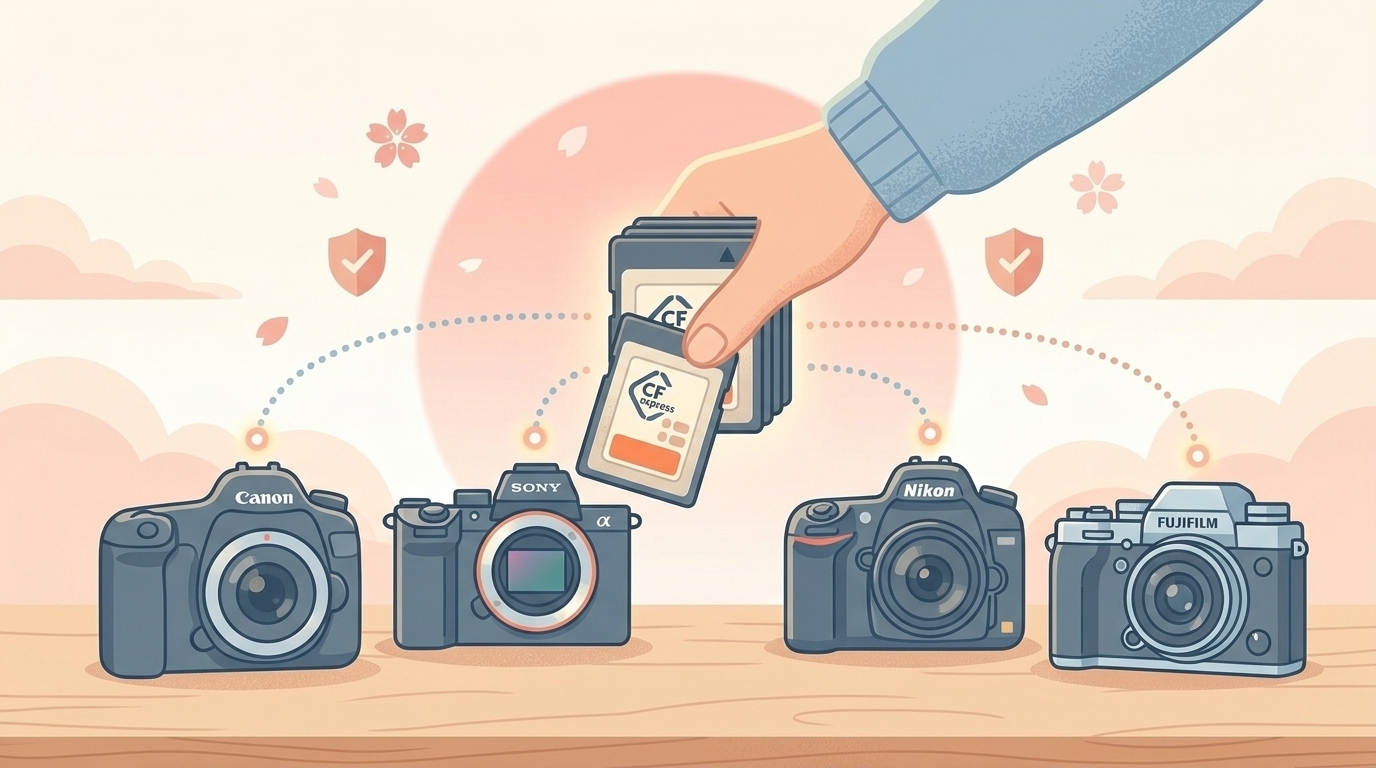複数のカメラブランドにメモリーカードが対応する互換性イラスト