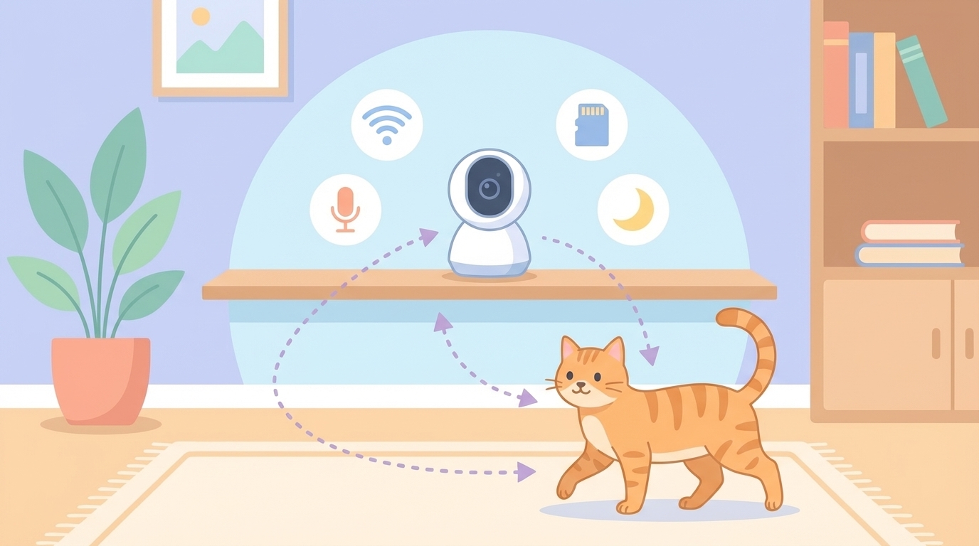 室内カメラが猫の動きを自動追跡する機能アイコン付きイラスト