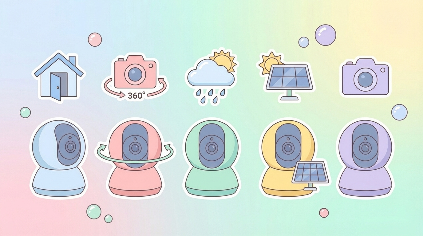 5種類の防犯カメラが特徴アイコンと並ぶ比較イラスト