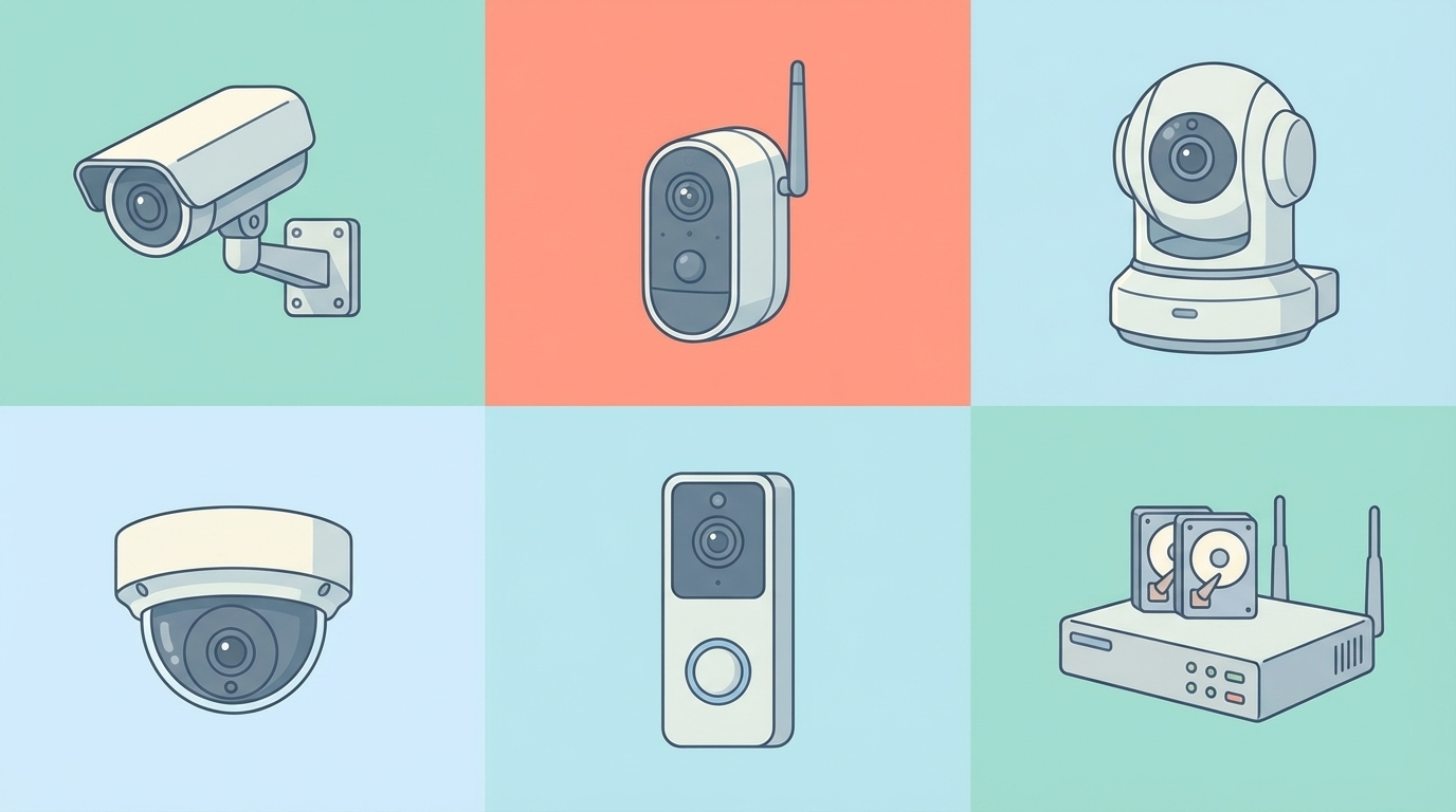 屋外・室内・ドアベルなど6種類の防犯カメララインナップのイラスト