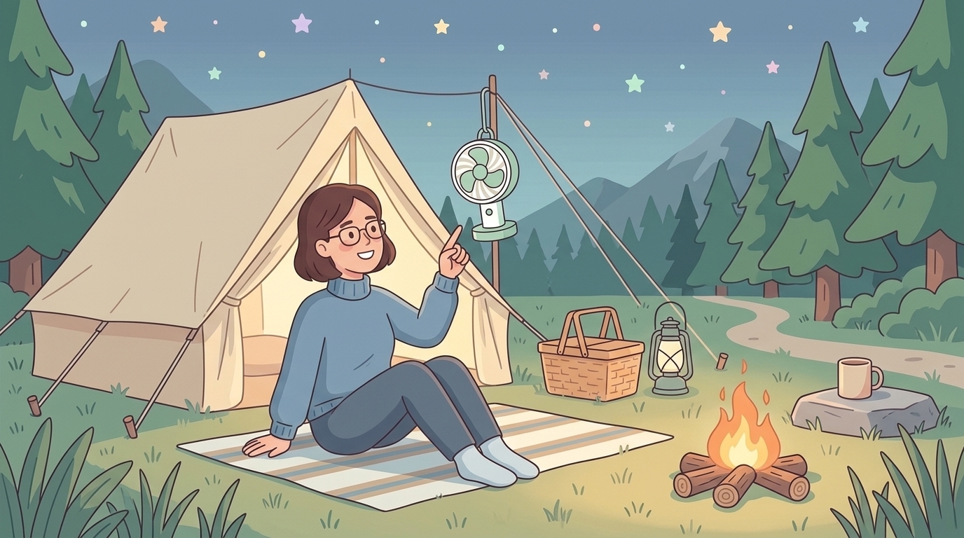 テントにコードレス扇風機を吊るしてキャンプを楽しむ人のイラスト