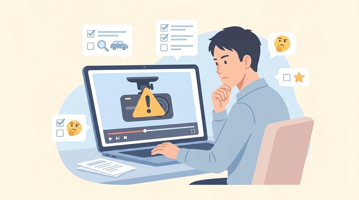 注意マーク付きのドラレコレビュー動画を慎重に確認する男性のイラスト