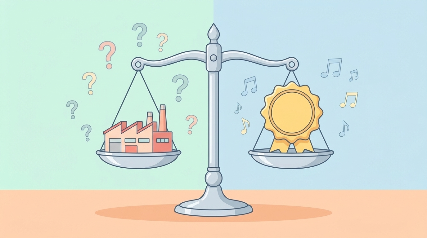 工場と品質バッジが乗った天秤のイラスト