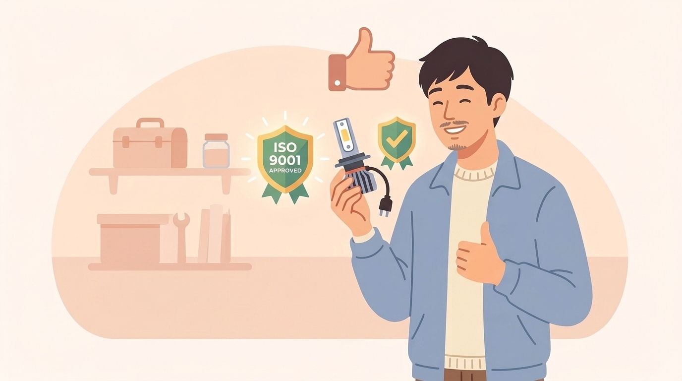 品質認証バッジとLEDバルブを持ち安心する男性のイラスト