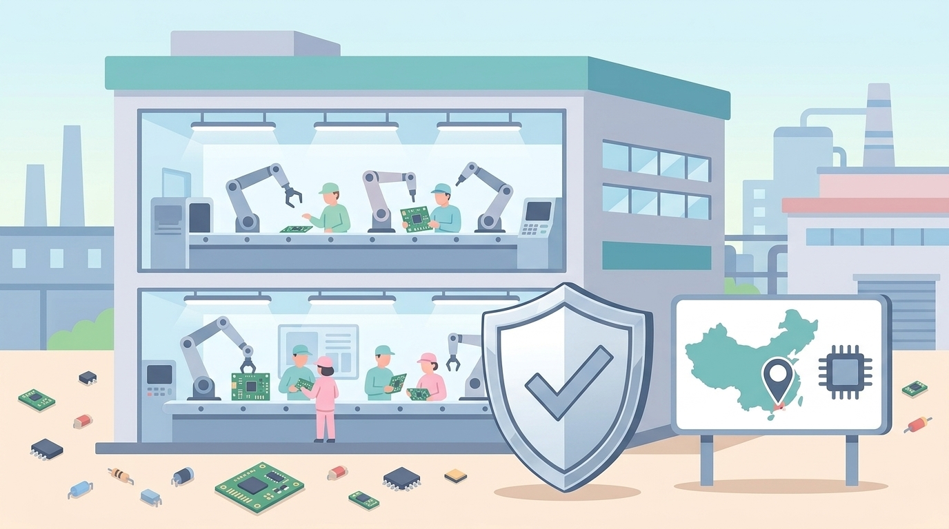 中国の電子機器工場と品質保証のイラスト