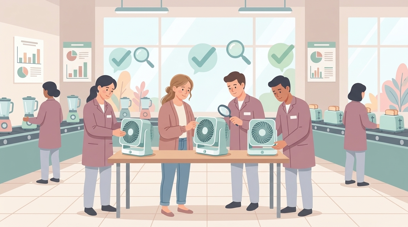 製品品質チェックをする工場スタッフのフラットイラスト