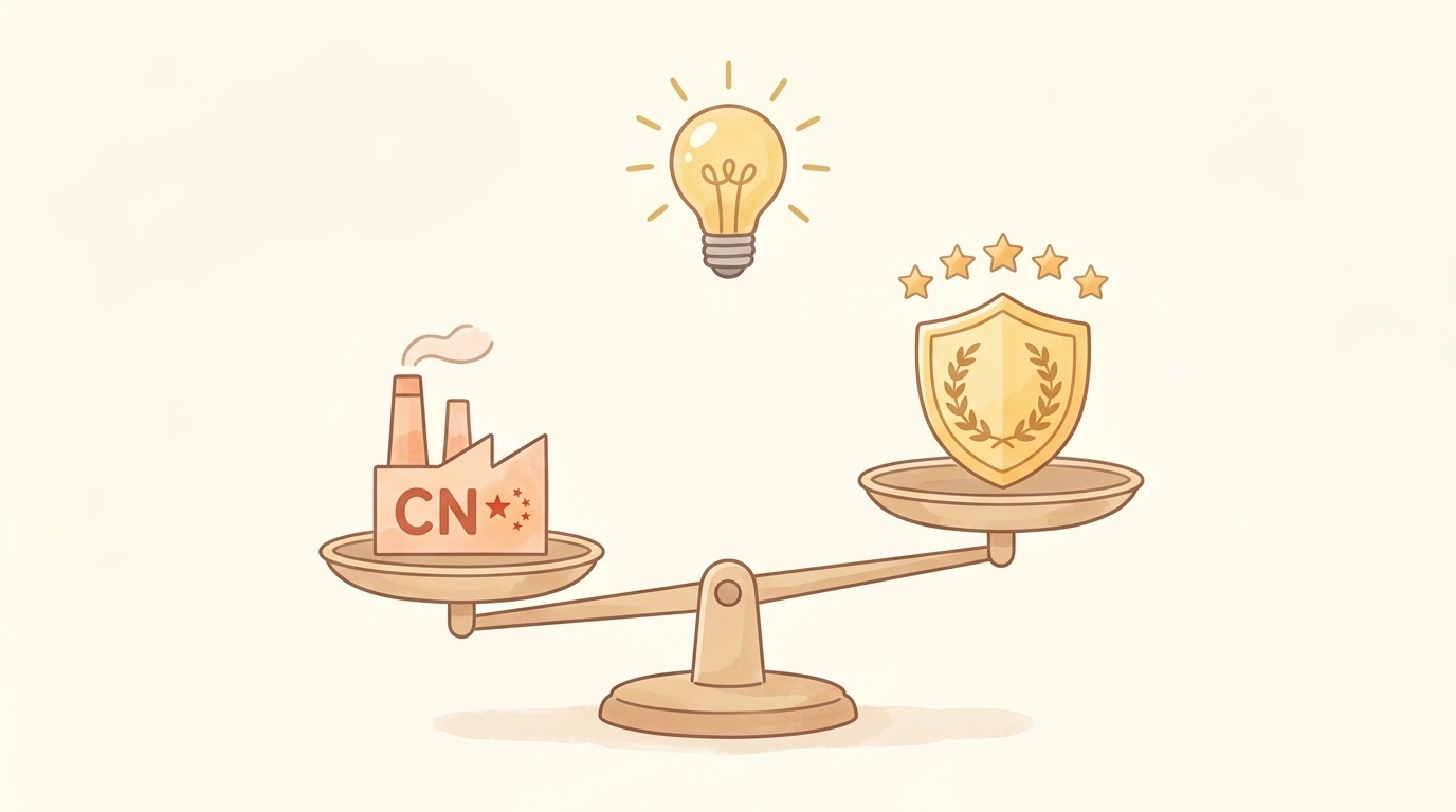 工場アイコンと品質バッジを乗せたてんびんのイラスト