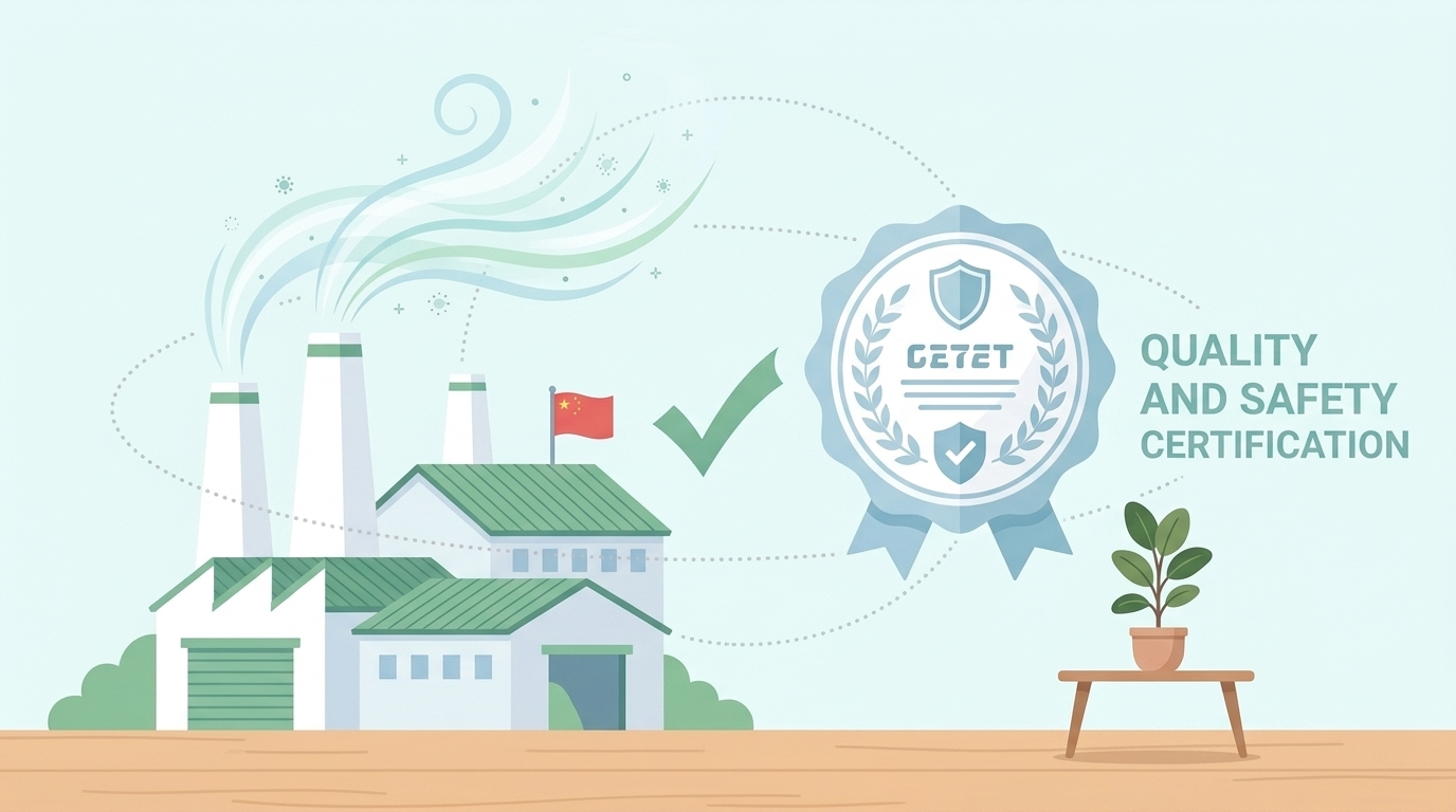 中国の工場と品質認証バッジを繋ぐ安全認証のイラスト