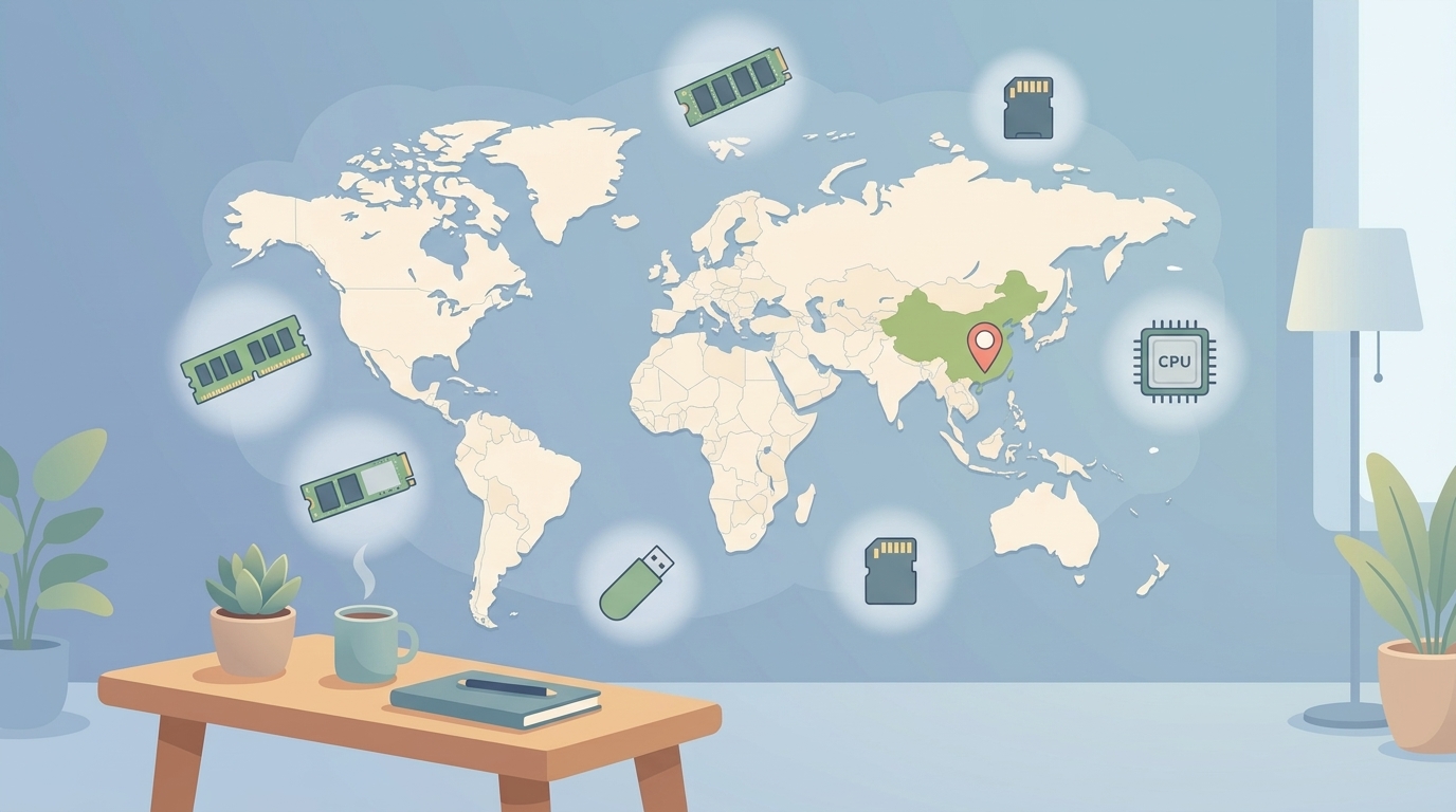 中国・深センにピンが刺さった世界地図とメモリデバイスのイラスト