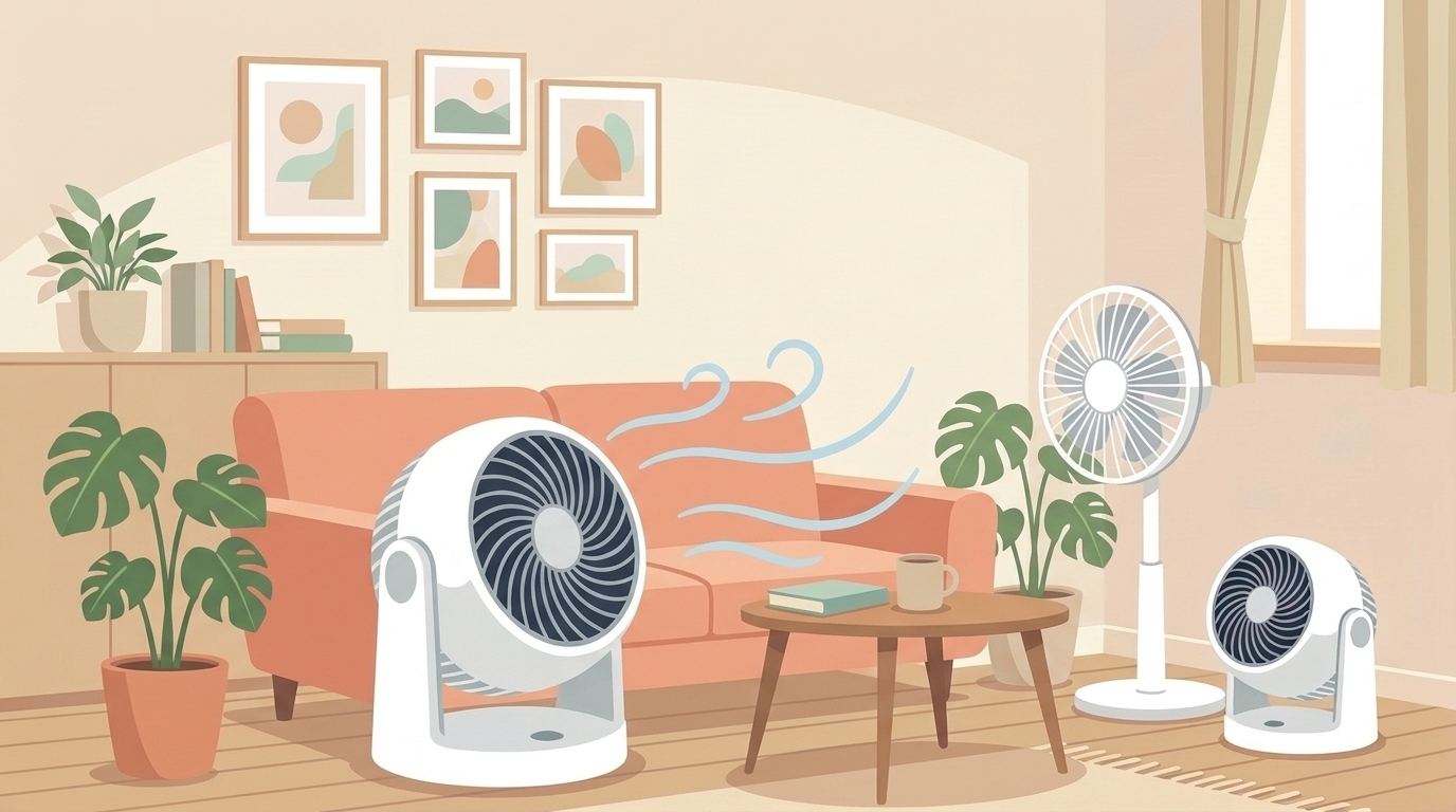 静かに動くサーキュレーターのある落ち着いたリビング