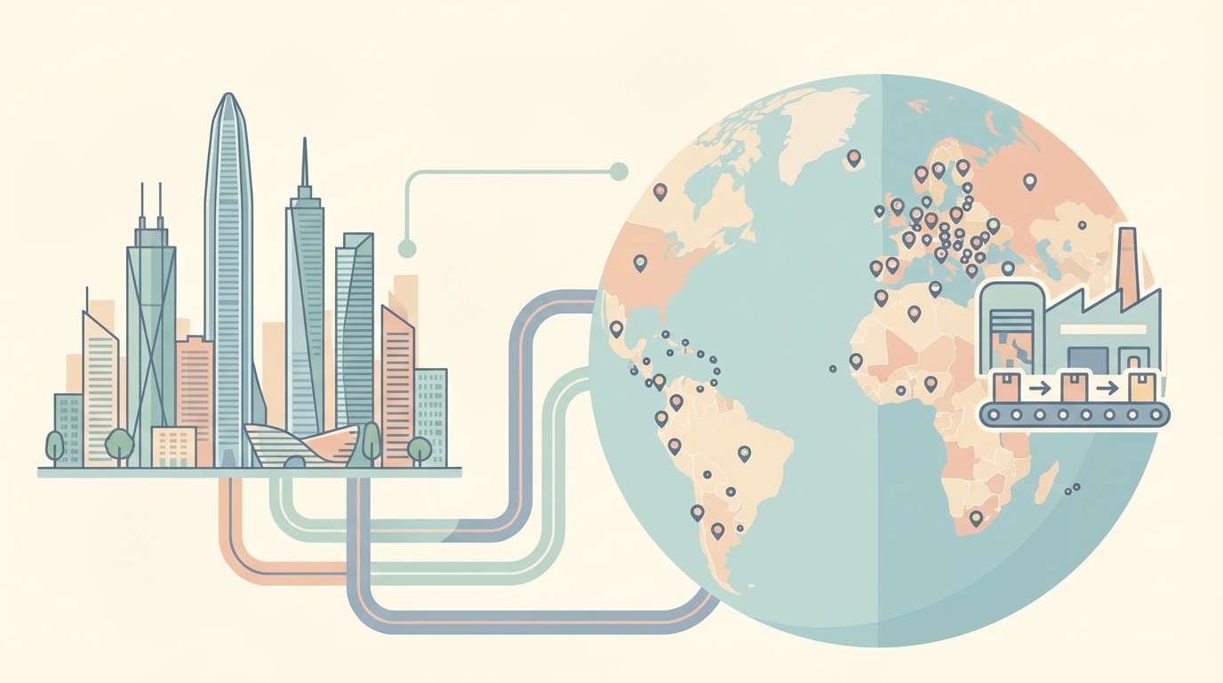 深圳の都市景観と80か国以上へのグローバル展開を示すイラスト